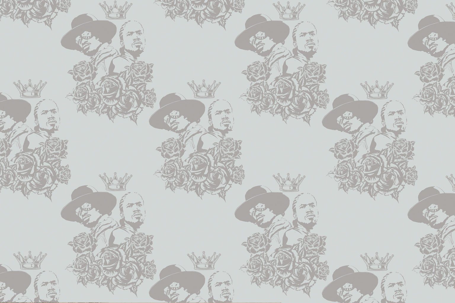 Custom neutral wallpaper pattern featuring illustrated portraits, roses, crowns, and repeating graphic motifs.