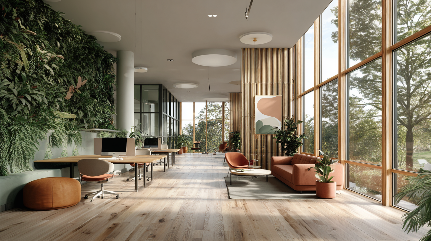 Modern biophilic office interior with a living green wall, natural wood finishes, large windows, collaborative workspaces, and lounge seating designed to foster wellness, creativity, and belonging.