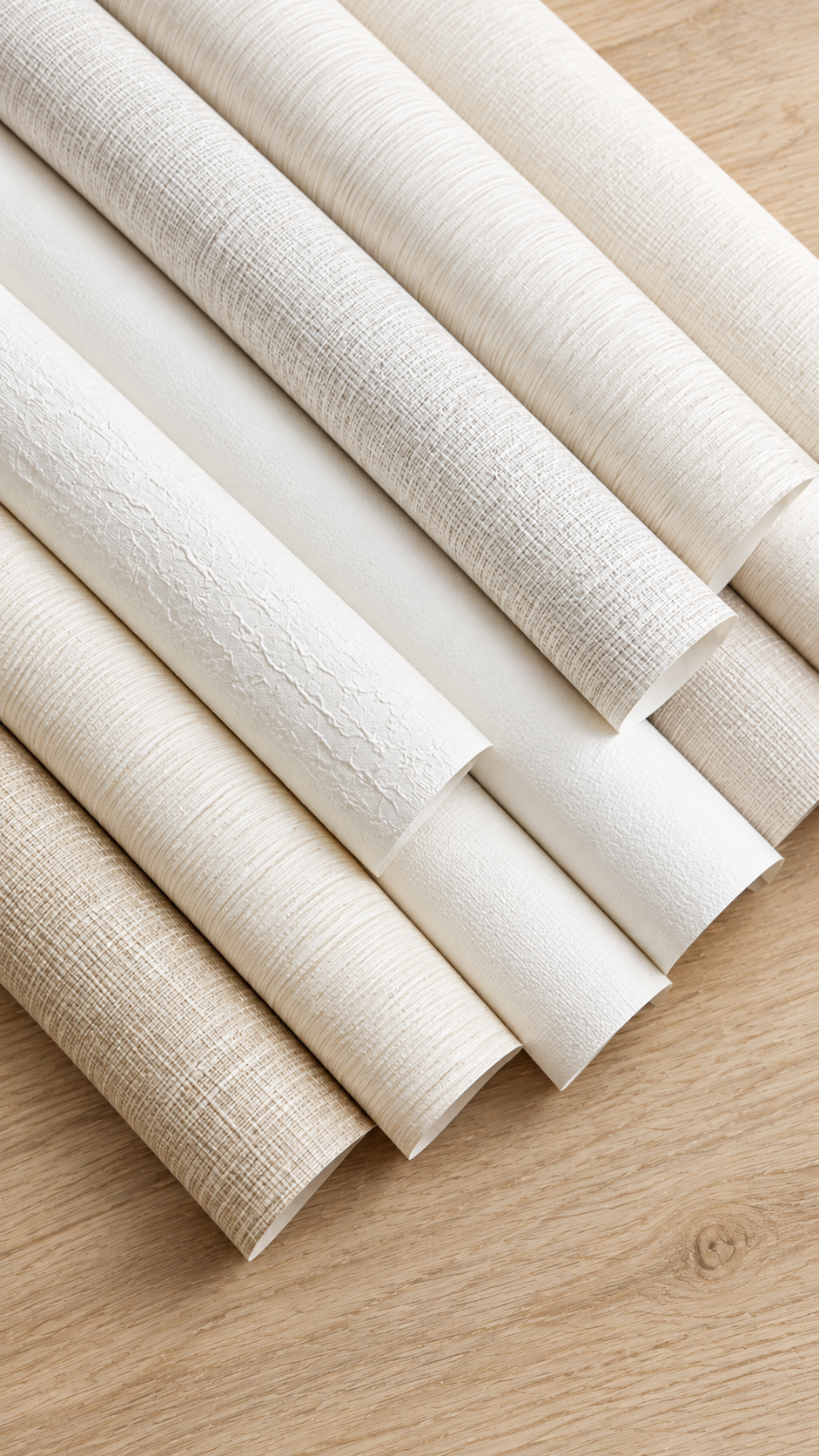 Close-up of assorted textured wallpaper rolls in bright white and soft off-white tones, featuring woven, linen-inspired, and embossed finishes, artfully arranged on a natural wood surface to highlight their unique textures and materials.