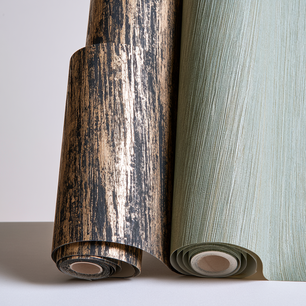 Close-up of two rolls of wallpaper, one with a weathered wood texture and the other with a subtle textured green pattern, placed on a white surface.