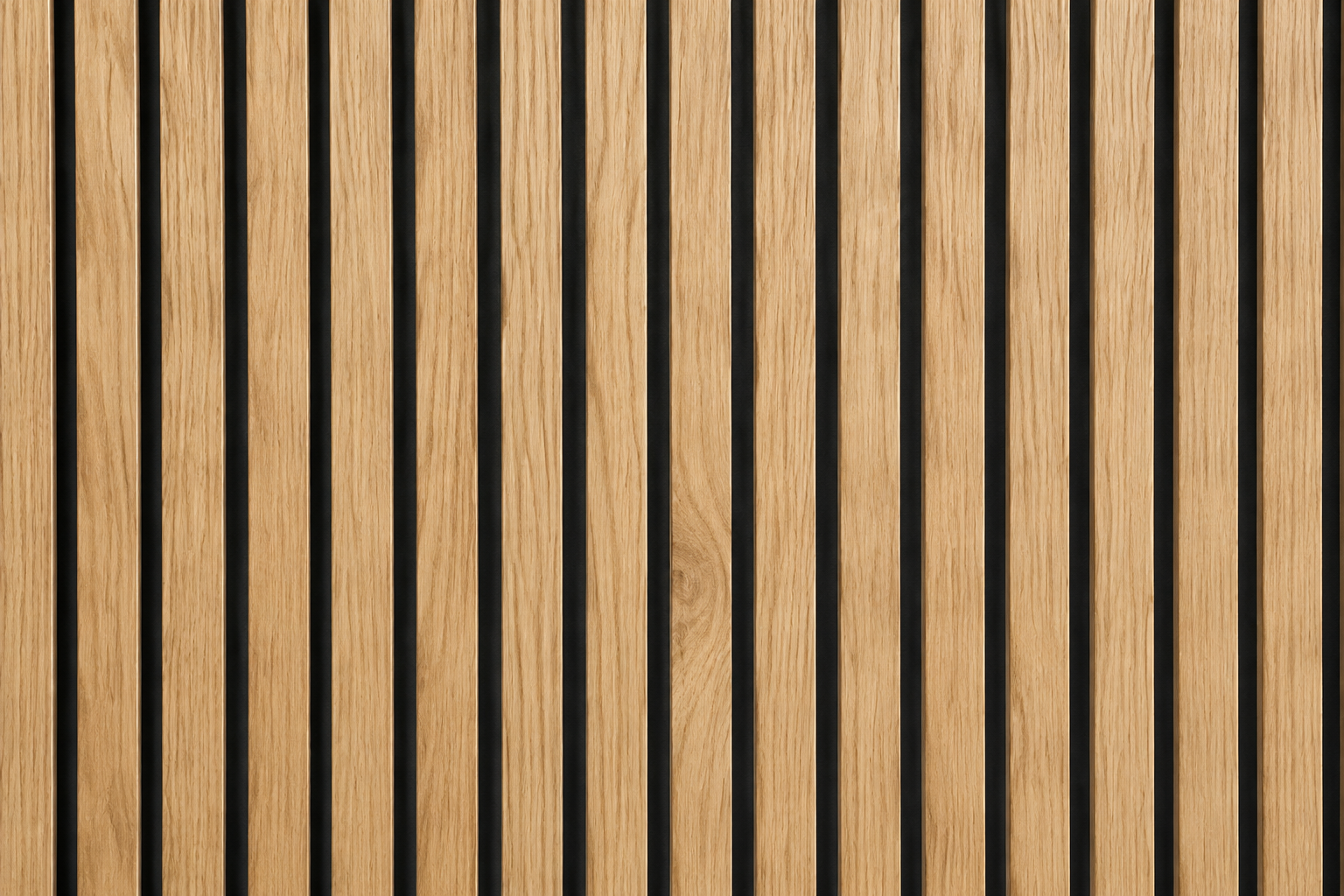 Close-up of natural oak wood slat acoustic wall panels with black felt backing, combining warm wood texture with sound-absorbing performance.