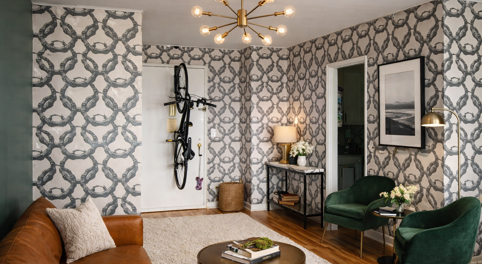 Close-up of patterned wallpaper featuring an interlocking chain design in black on a neutral background.