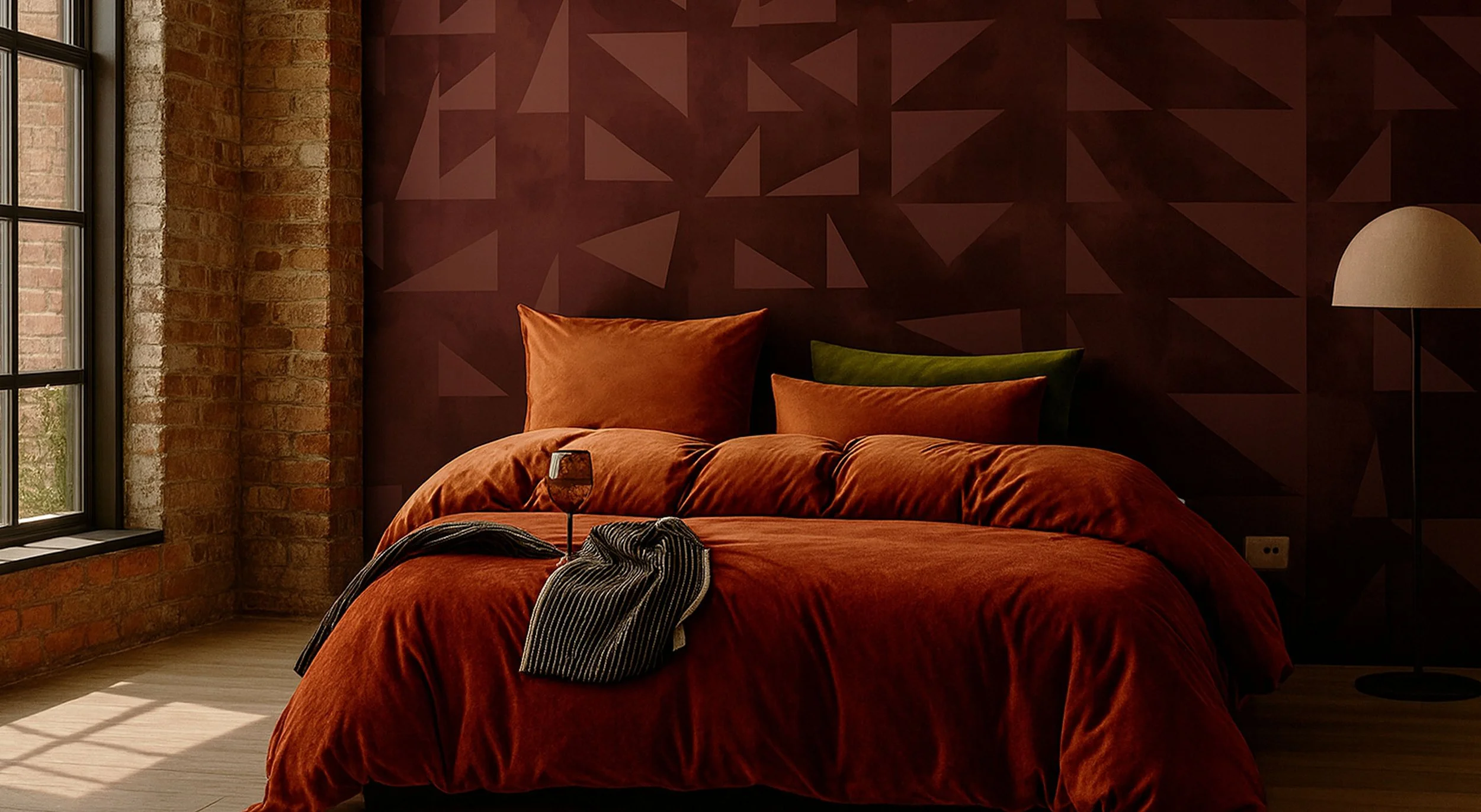 Warm bedroom interior featuring terracotta bedding layered against a deep rust geometric wallpaper, styled with textured linens and moody ambient light.
