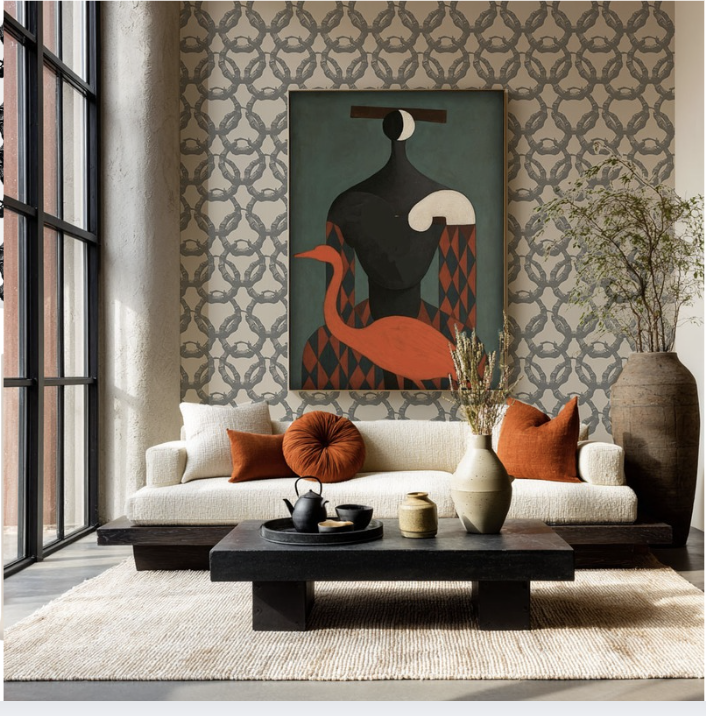Modern living room featuring Complex Flavors bamboo wallpaper, neutral furnishings, warm terracotta accents, abstract artwork, and contemporary luxury décor.