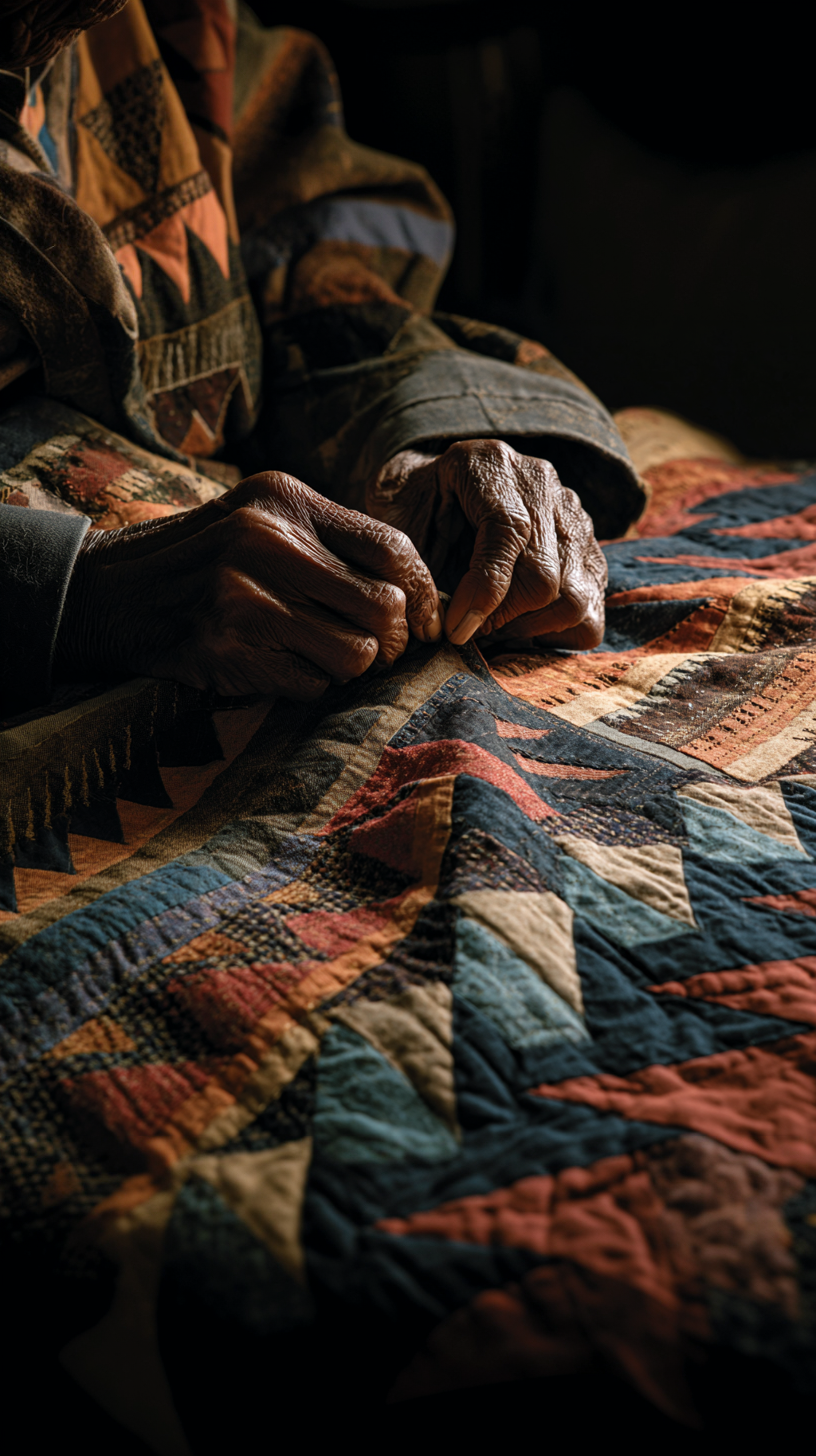 Close-up of elderly hands hand-stitching a patterned quilt, highlighting craftsmanship, tradition, and the art of textile making.