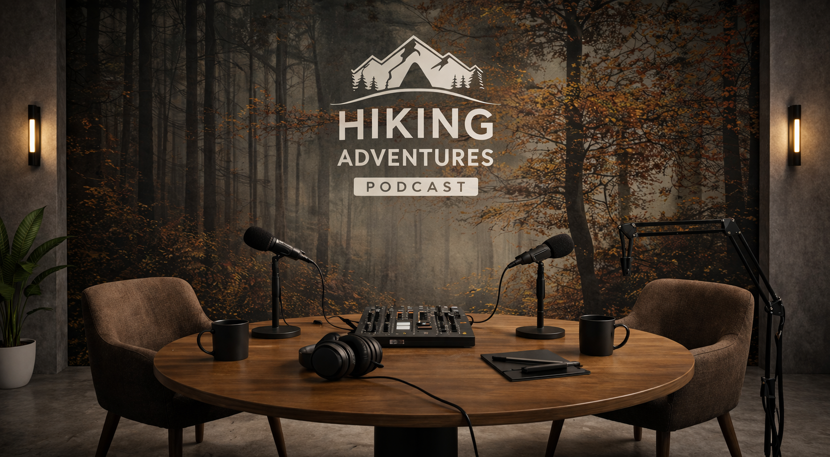 Custom wall murals in commercial spaces, featuring a nature-inspired podcast studio and a modern office wall with bold typography.