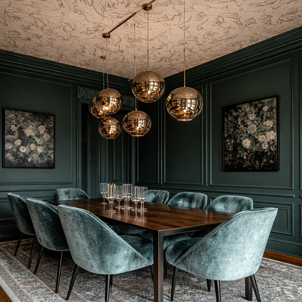 Elegant dining room with deep green paneled walls, teal velvet chairs, a dark wood table, sculptural brass pendant lights, and illustrated ceiling wallpaper.