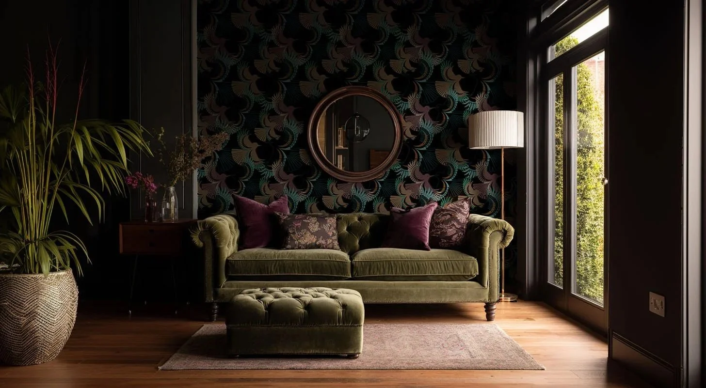 Moody living room interior featuring a green velvet sofa, matching ottoman, patterned wallpaper, accent pillows, and warm wood floors with natural light coming through tall windows.