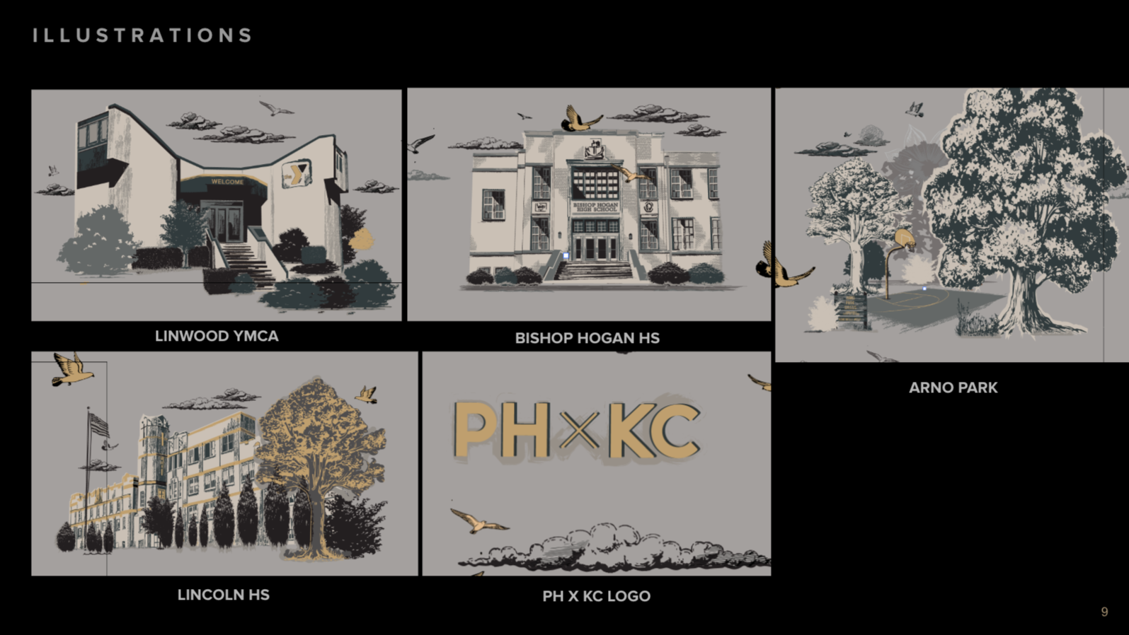 Custom illustrations of Kansas City landmarks and community spaces used in the Porter House KC toile wallpaper design by Complex Flavors Home + Life.