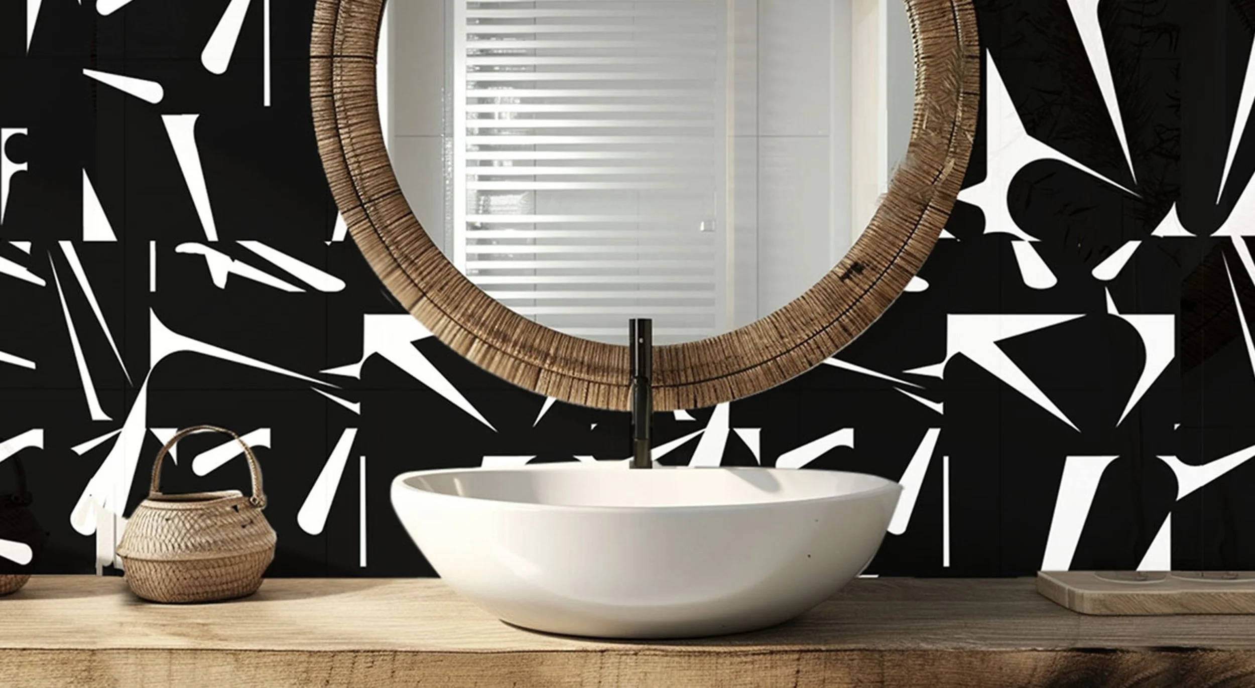 Modern bathroom featuring a bold black and white abstract wallpaper with angular, high-contrast shapes. A round woven mirror hangs above a sleek white vessel sink atop a natural wood vanity. Accented with woven baskets and natural textures, this spac