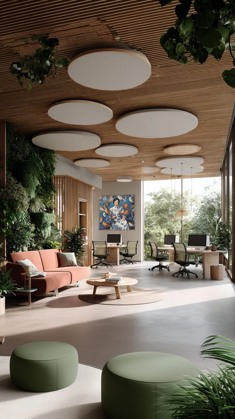Modern biophilic office interior with wood slat ceiling, circular acoustic panels, green living wall, and open workspace featuring desks, ergonomic chairs, and a lounge area with a rust-colored sofa and natural light from large windows.