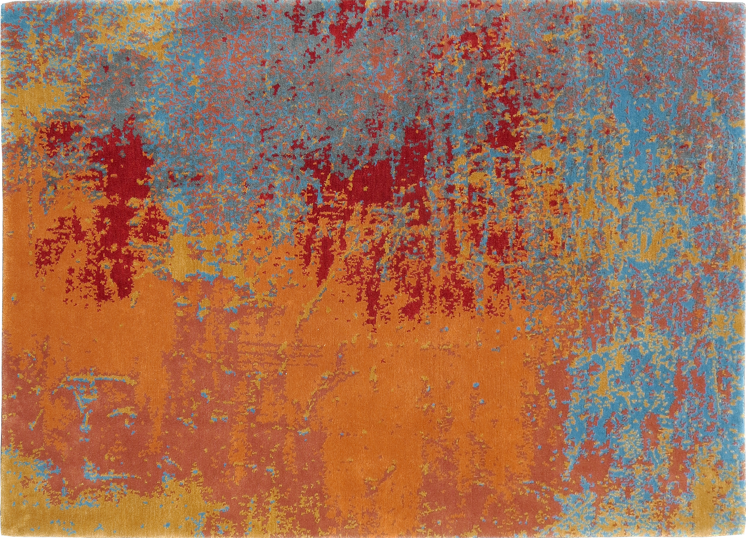 This Nepalese hand knotted rug is an exquisite marriage of fine Tibetan wool and lustrous Chinese silk, artfully woven into a captivating abstract design. Meticulously crafted in Nepal by master artisans, it boosts a plush texture and a subtle Silki