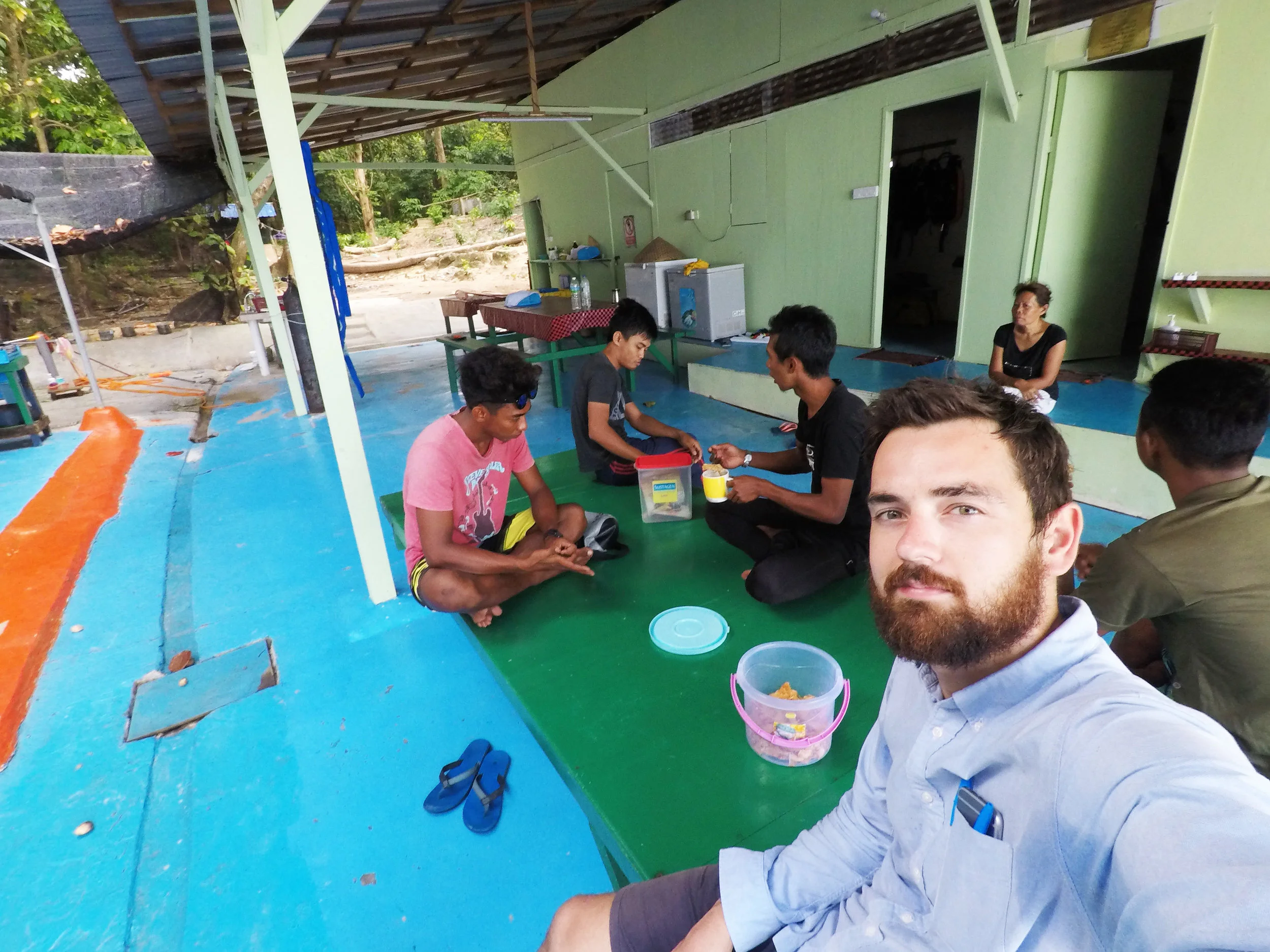The three marine biologists, my guides and I in the basic shared eating space.
