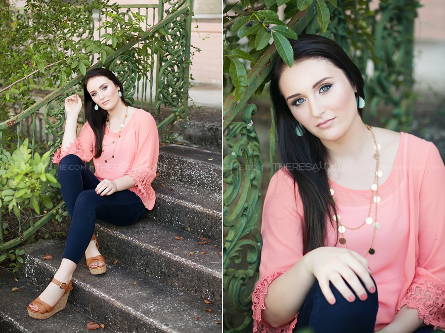 senior photo near architecture on steps in tampa