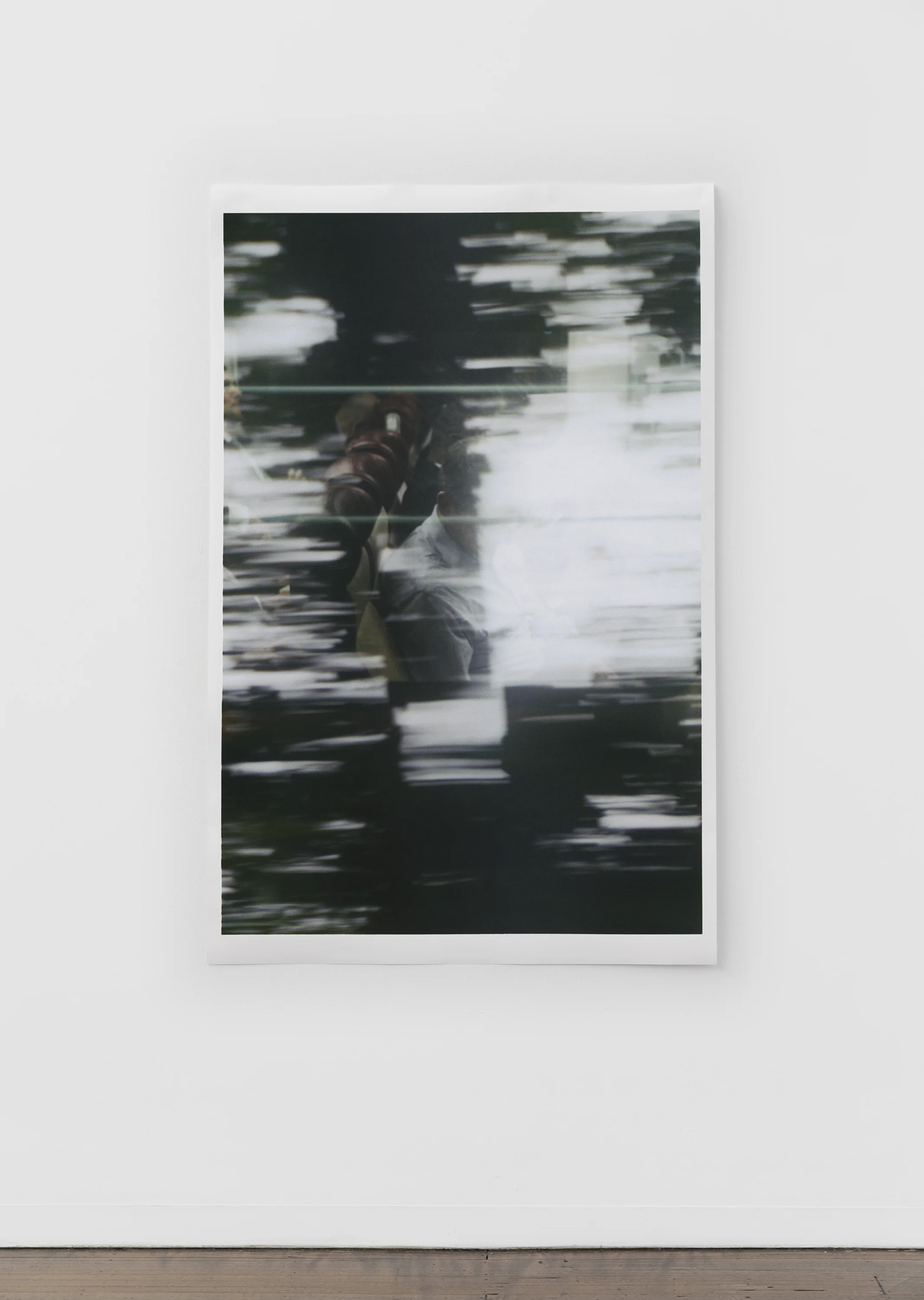 Untitled (figure, glass, landscape) , pigment print on paper, sheet: 168 × 110 cm (66 1/8 × 43 1/4 in), framed: 178.9 × 120.2 cm (70 1/2 × 47 3/8 in), 2019 Installation view of “the sacredness of something” at Arc One Gallery, Melbourne (2019)