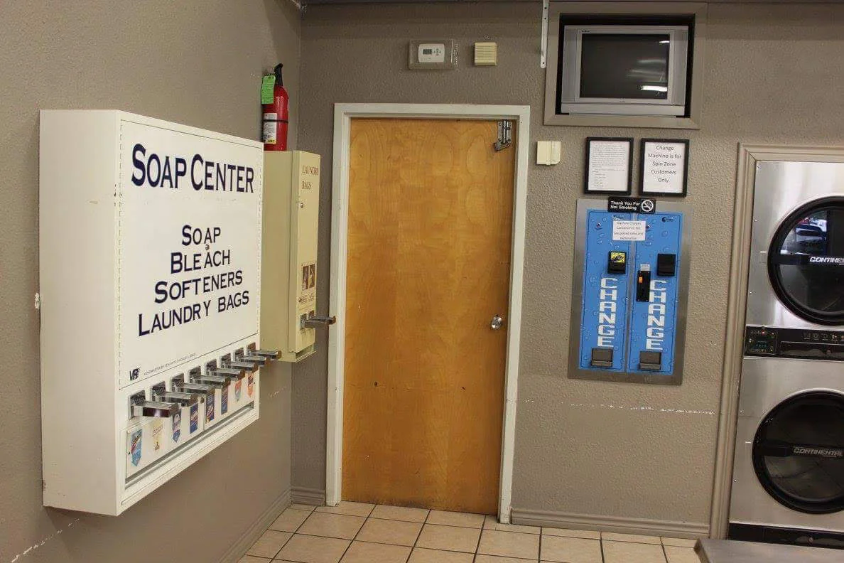 Soap, bleach, softeners, hangers and laundry bag vending