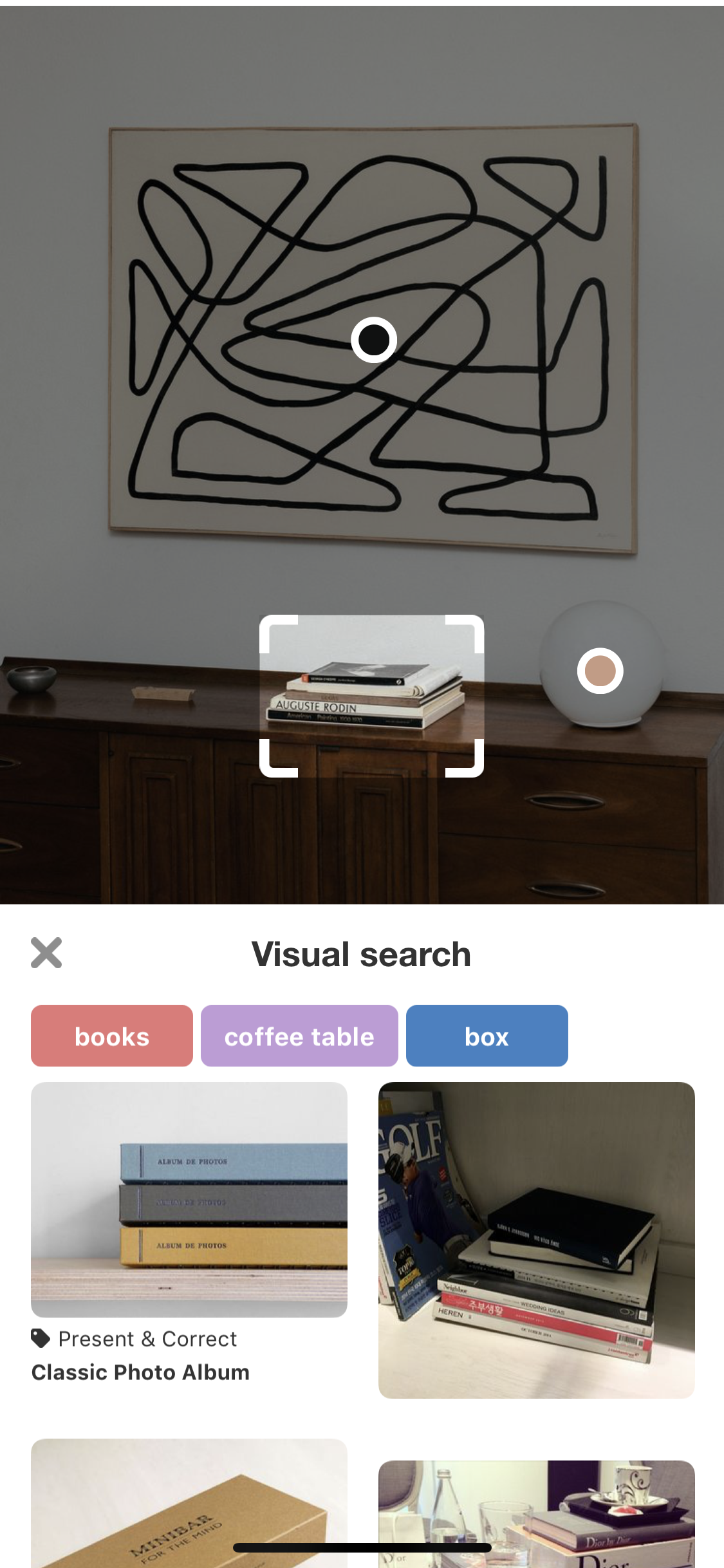 Screenshot of Benjamin Ewing Pin using the Pinterest Image Search Tool to highlighting a stack of book