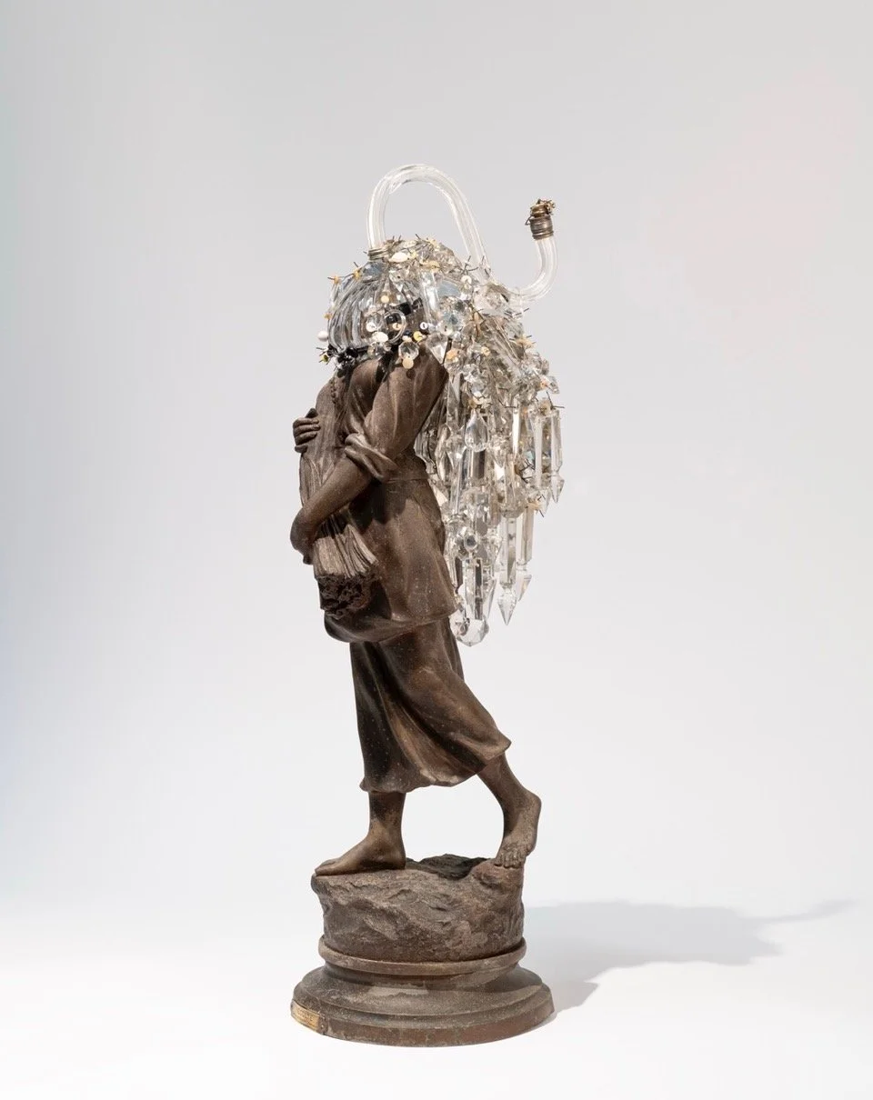 crystal bride   Cast bronze, crystals, buttons, and wire  30 x 10 1/2 x 9 inches  2024  Photograph by Paul Hester