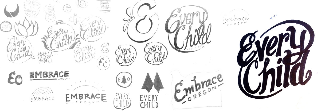 My rough sketches for the Embrace logo next to Amy's for the Every Child logo.