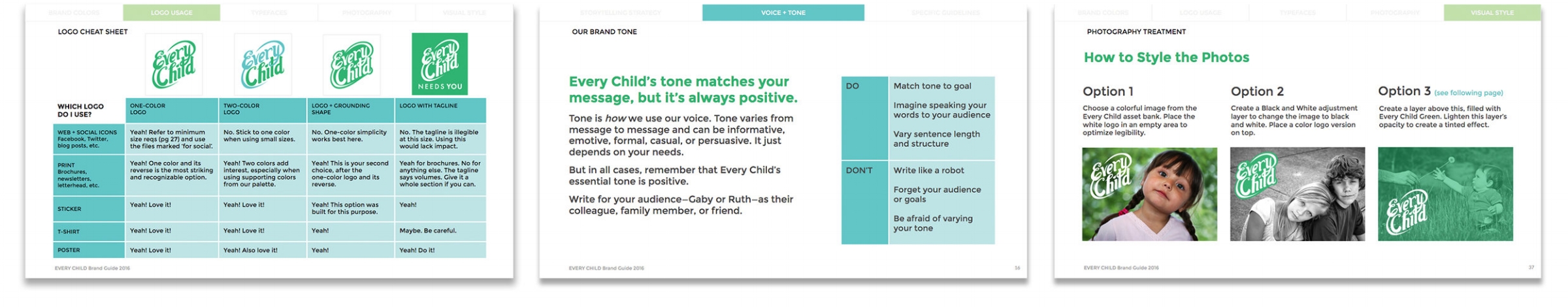 Sample pages from the Every Child Brand Guide.