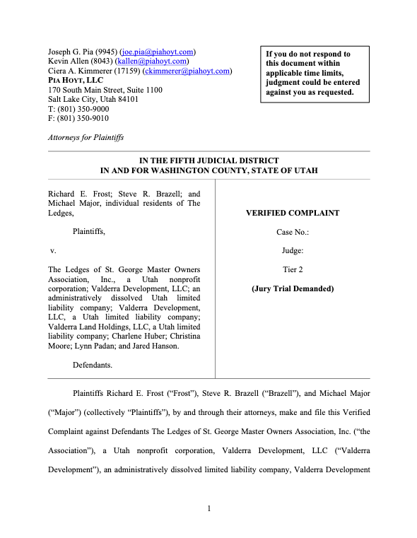 Lawsuit Filed Against Lynn Padan, Christina Moore, Charlene Huber, Jared Hanson and Associated Entities by Ledges Neighbors Regarding Governance and Financial Practices at The Ledges