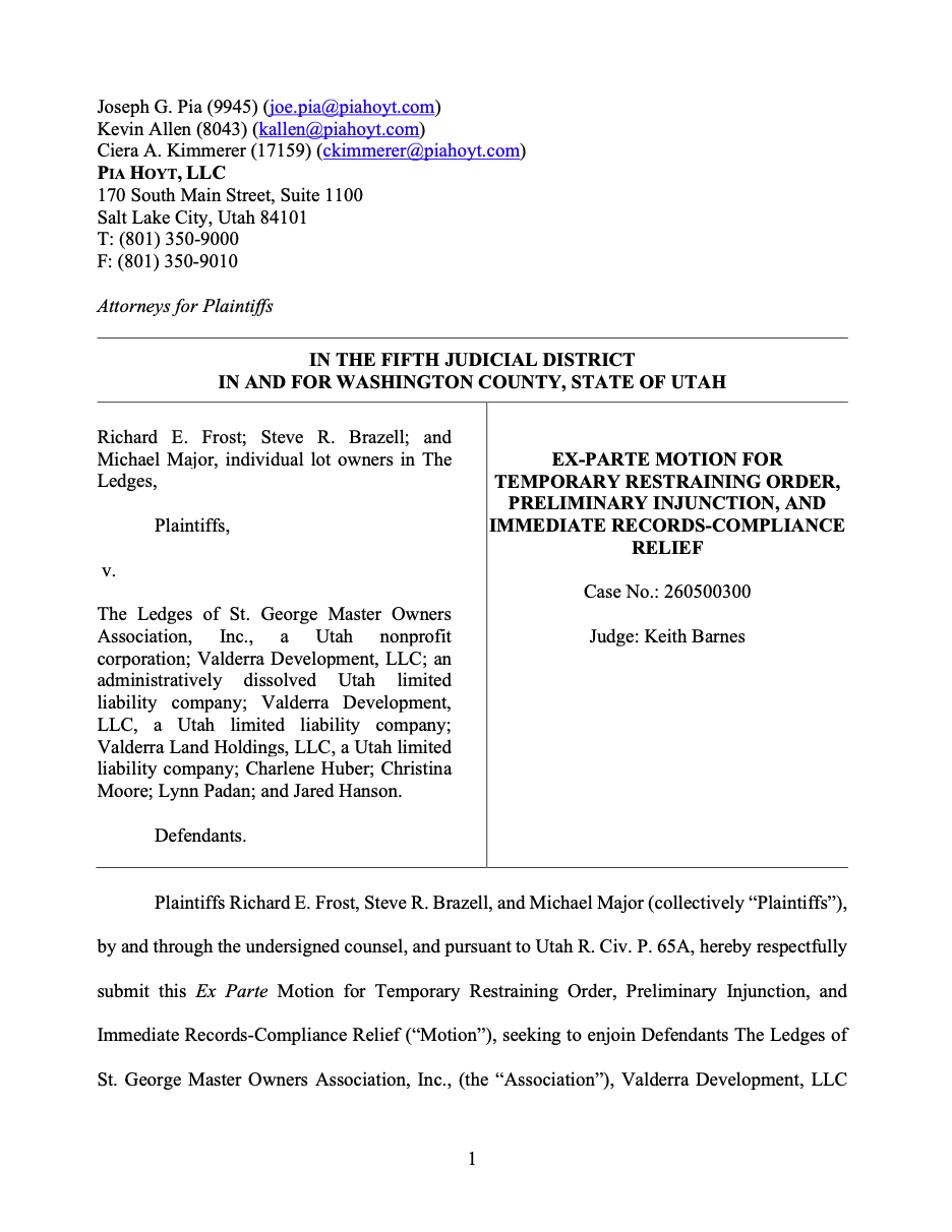 Emergency Court Filing Names The Ledges HOA, Valderra Development Entities, Valderra Land Holdings, and Individual Board Members in Dispute Over Governance, Spending, and Transparency