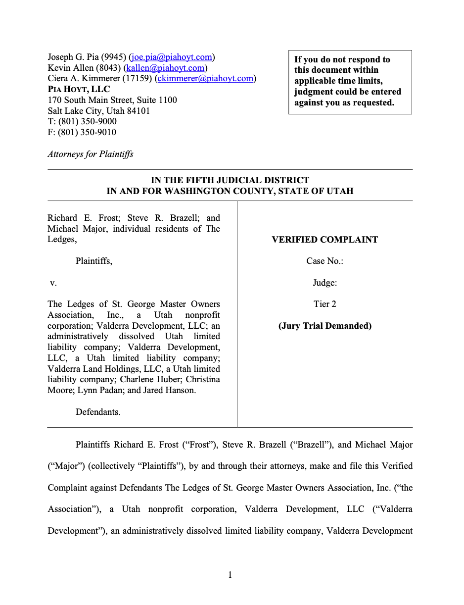Lawsuit Filed Against Lynn Padan, Christina Moore, Charlene Huber, Jared Hanson and Associated Entities by Ledges Neighbors Regarding Governance and Financial Practices at The Ledges