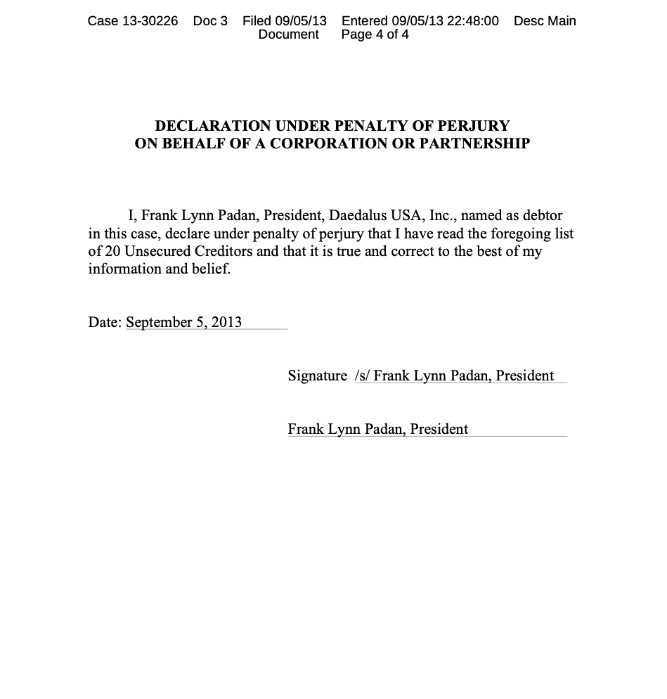 Public Bankruptcy Filing Signed by F. Lynn Padan Posted for Public Review
