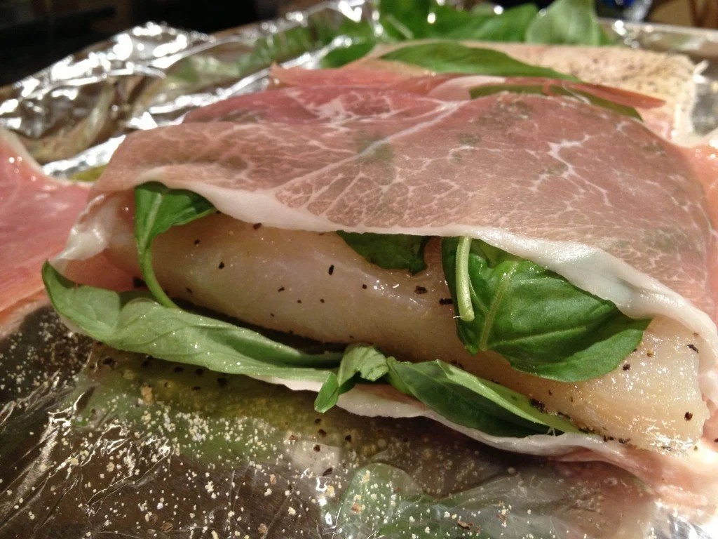 Baked Halibut in Fresh Basil and Prosciutto