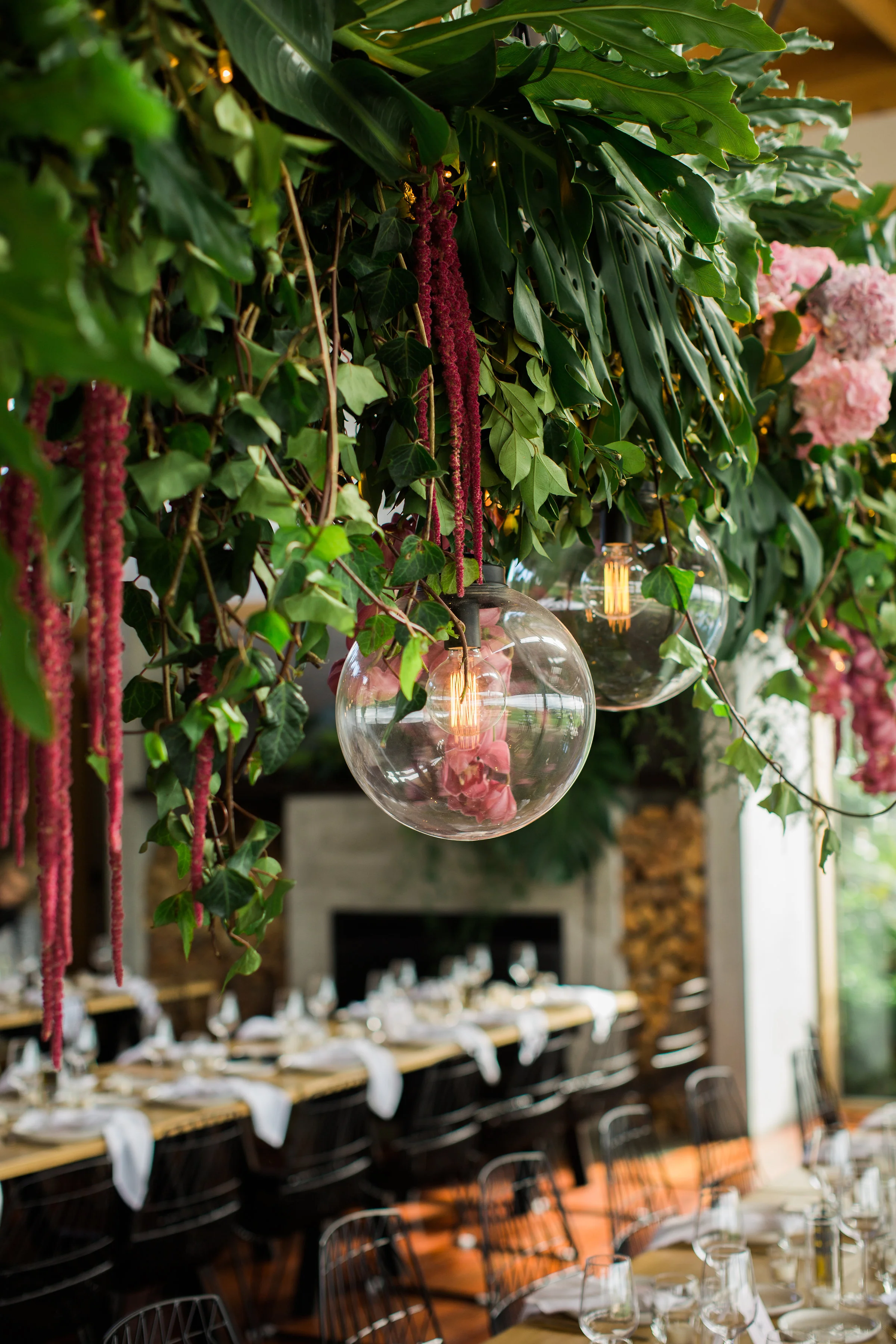 glass pendants nestled into blush florals