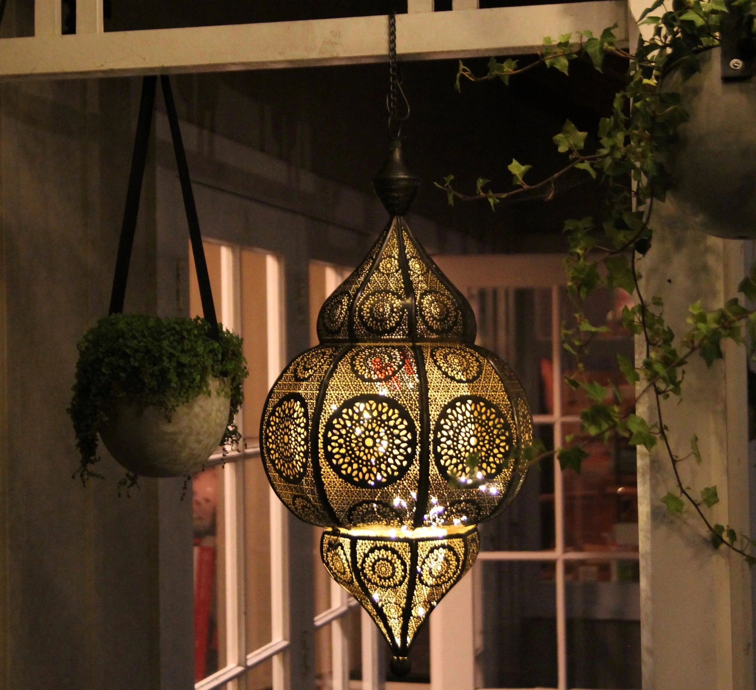 moroccan lantern with bulb or battery lights inside 600mm tall $85+gst *install only