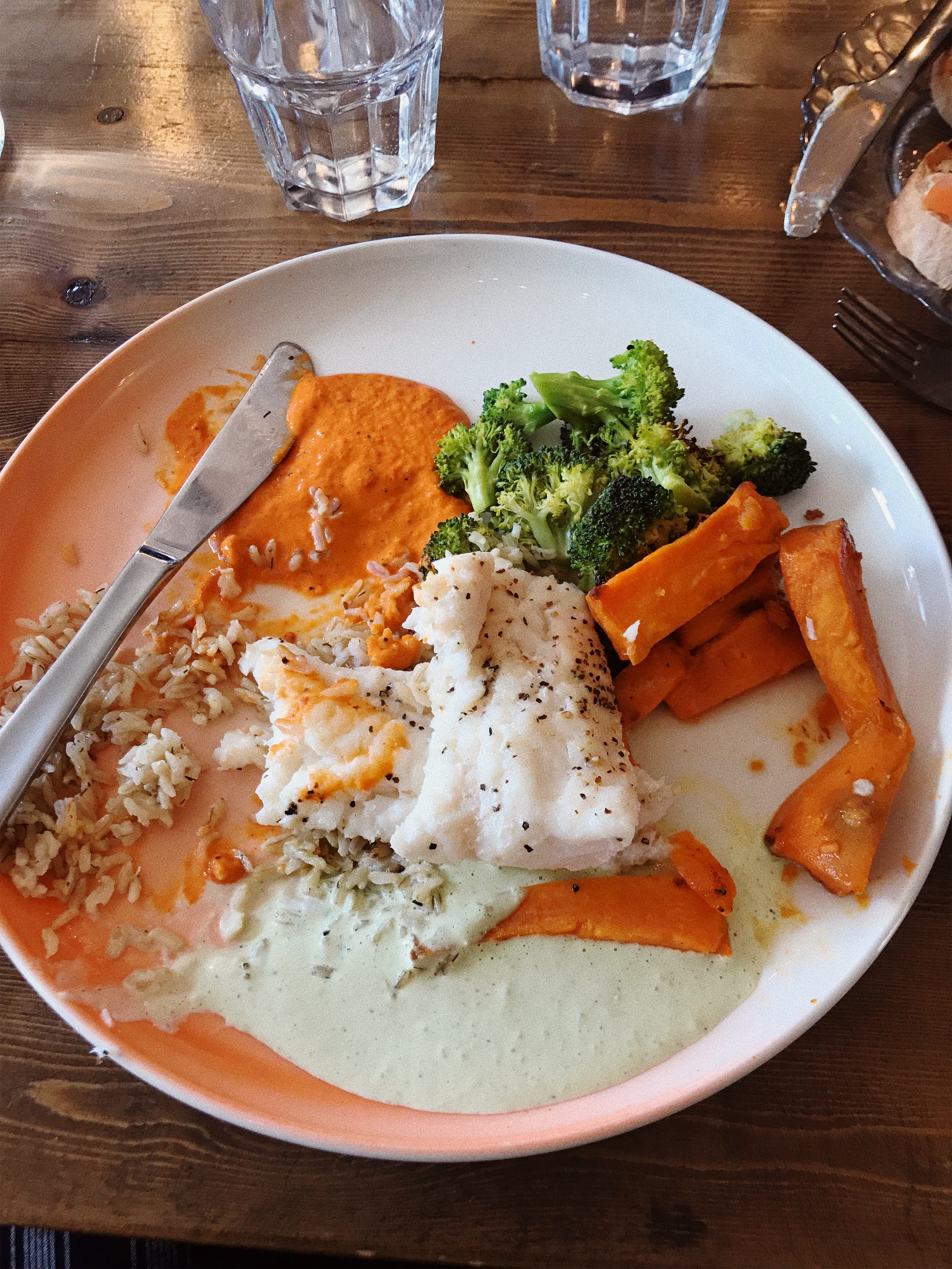 So, after the Blue Lagoon, my family and I walked around old Reykjavik, and we stopped at a restaurant, the name I am not quite sure of, I think it was “Fish and More'“, but it was right across from Café Babalu. I got fresh pollock with rice, broccoli, sweet potato, and some sauces. It was a very interesting, acquired taste.
