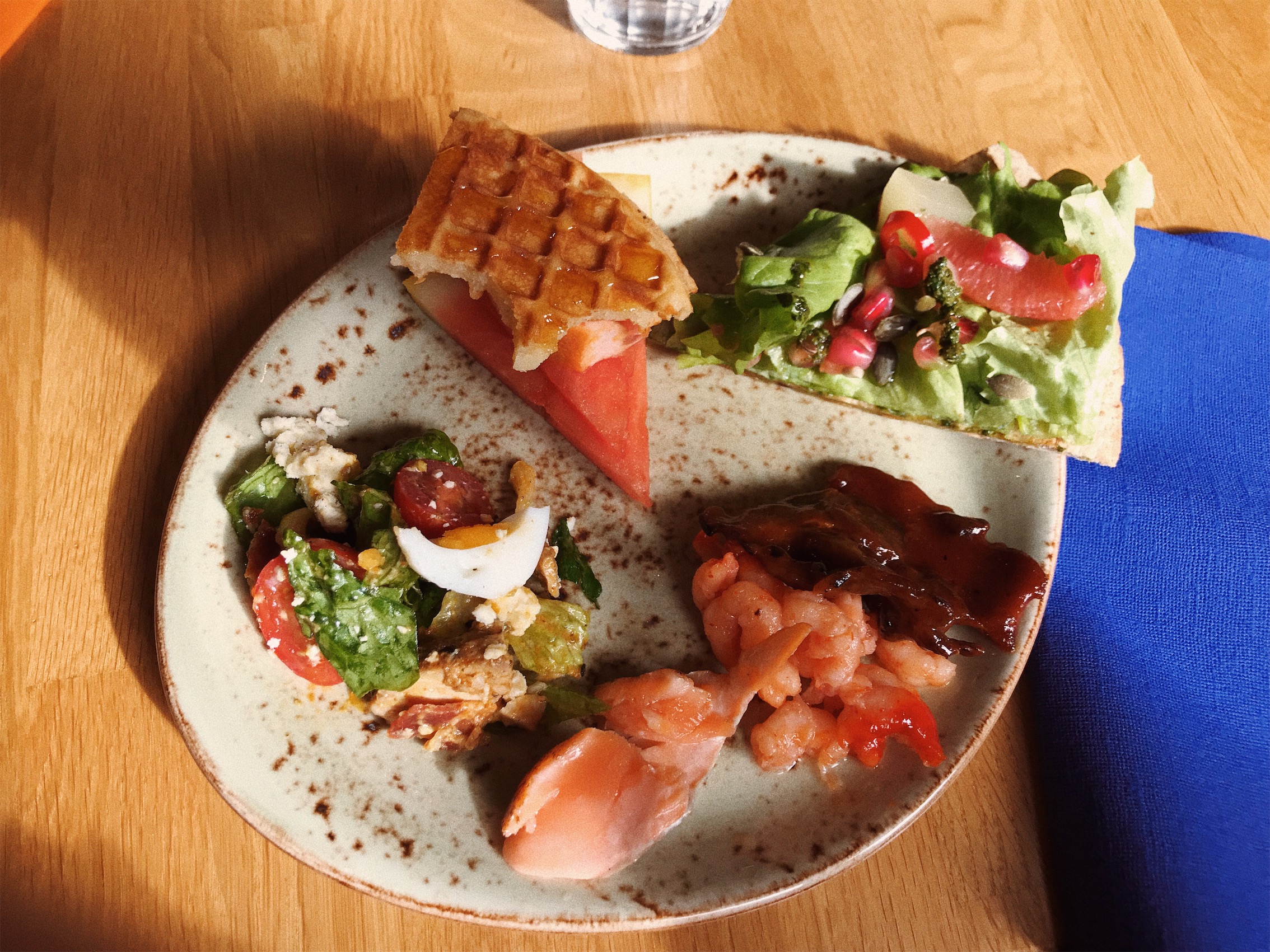 So the last day in Iceland, we went to the breakfast buffet at the hotel, and holy poop it was good. I had a salad, some smokes salmon, mini shrimp (the best part), barbecue pork, the flatbread pizza my sister had previously, some fruit, and a weird waffle cake thing. It pretty much all quality food. Overall, Iceland’s food was probably the best food I’ve ever had. If u a foodie like me, I would so recommend visiting.