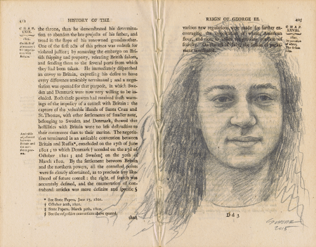 Portrait of a girl in graphite on 200 year old paper