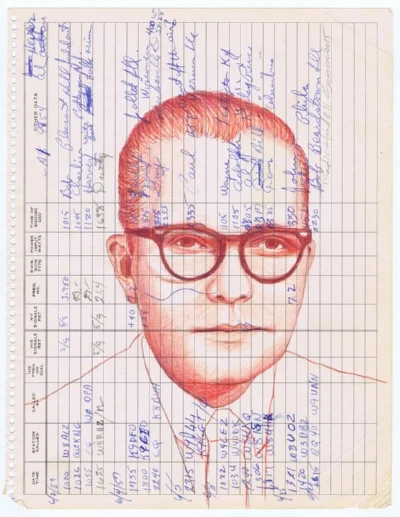 Radio Head #11 - Portrait drawing of a man in red colored pencils