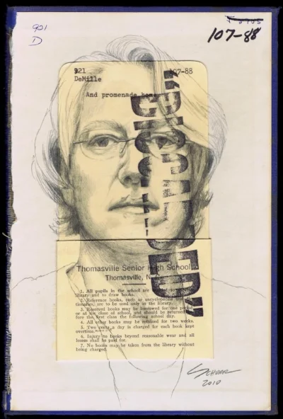 Natalie Schorr - Self portrait on a discarded library book