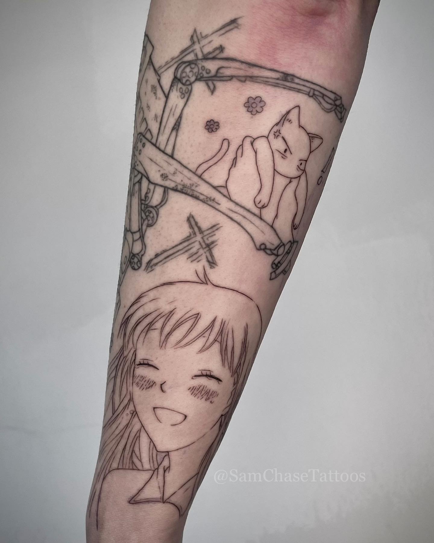 Got to add more friends to this in-progress anime sleeve!!! 🖤 Fruits Basket and Steins Gate are the latest additions amongst other favorites of my clients!  Next session will be the last to connect the top and bottom on the elbow, and then shading ✨