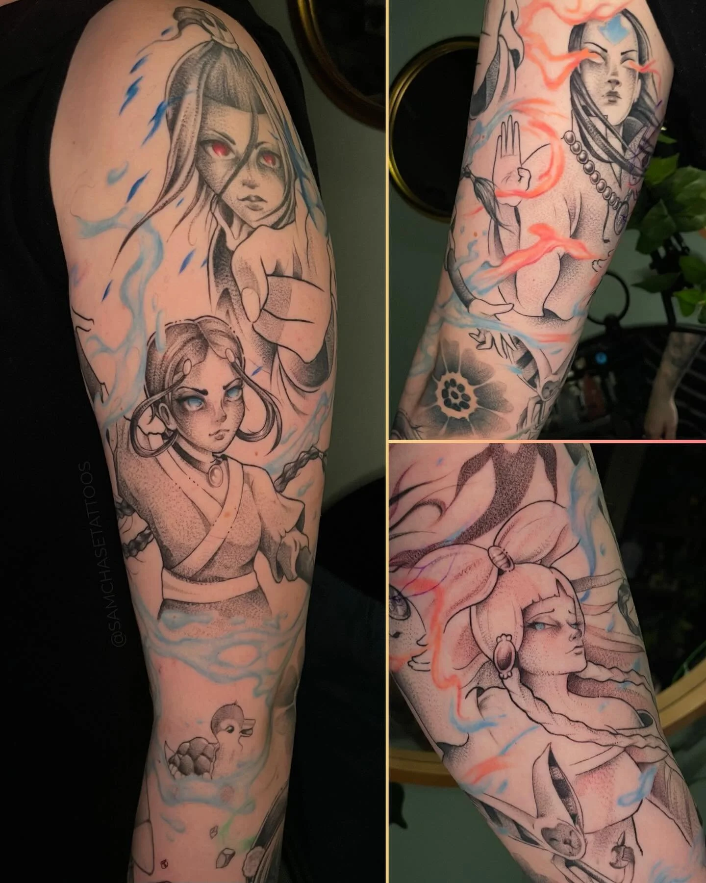 Avatar lady sleeve 🌊🏮 It was a such a joy to piece this together and collaborate with my client! They gave me so much creative freedom and I love the outcome. Swipe to see all the angles and characters; I love all the strong characters and little d
