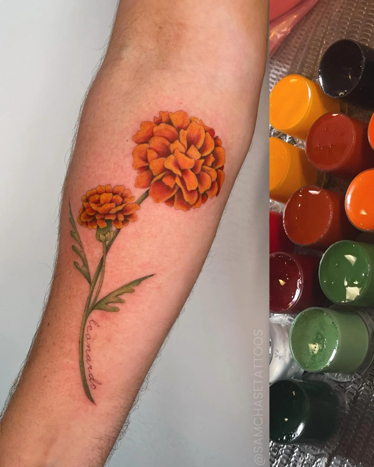 Enjoyed creating this soft, color marigold (wraps slightly) 🧡🌿 I&rsquo;ll actually be doing this again on this clients other half in the future, so sweet!
.
:
:
.
.
#marigold #flowertattoo #customart #femaletattooartist #colortattoo #matchingtattoo