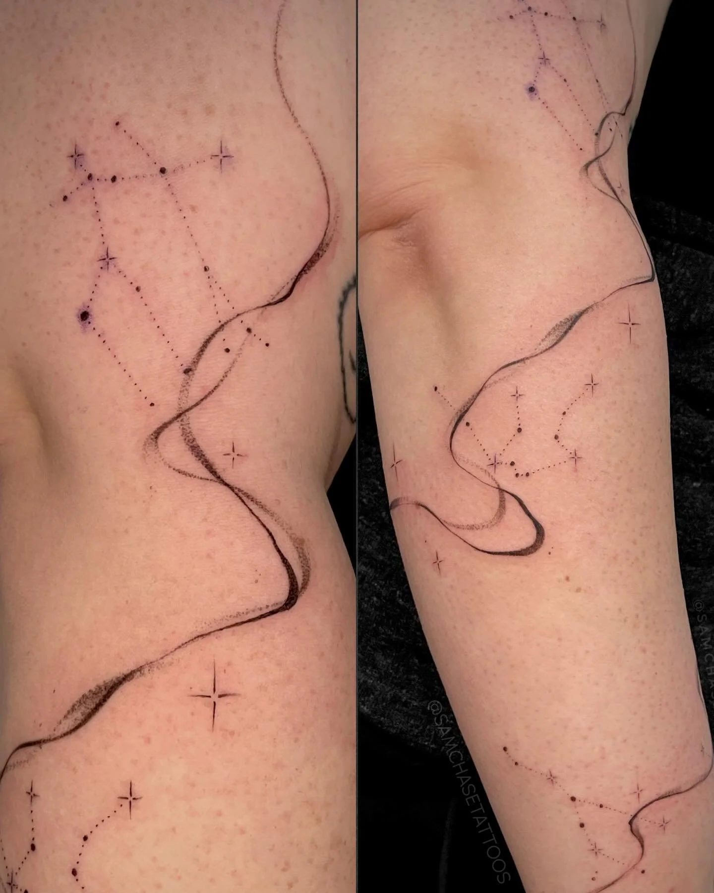 Freehand, wrapping, smokey path with constellations that are meaningful to this client 🖤✨ I love this soft, celestial vibe so much
.
.
.
.
.
#fineline #finelinetattoo #customtattoo #freehand #dotwork #stars #gemini #femaletattooartist #naperville #c