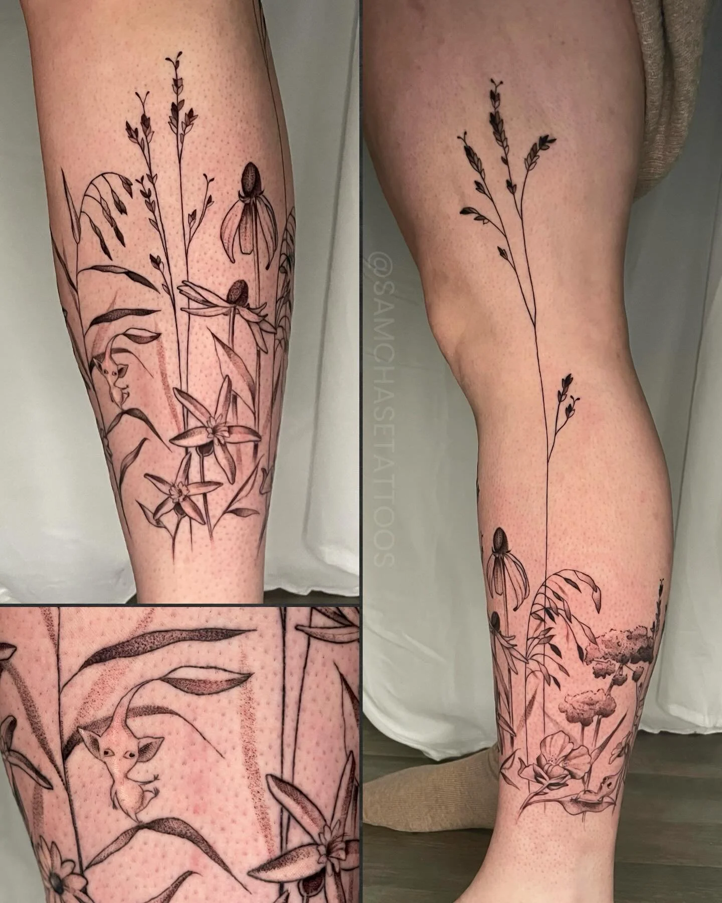 Wrap around prairie flowers with a couple little Pikmin snuck in 💕🌿 Linework healed, shading fresh!
.
.
.
.
#prairie #pikmin #finelinetattoo #femaletattooartist #naperville