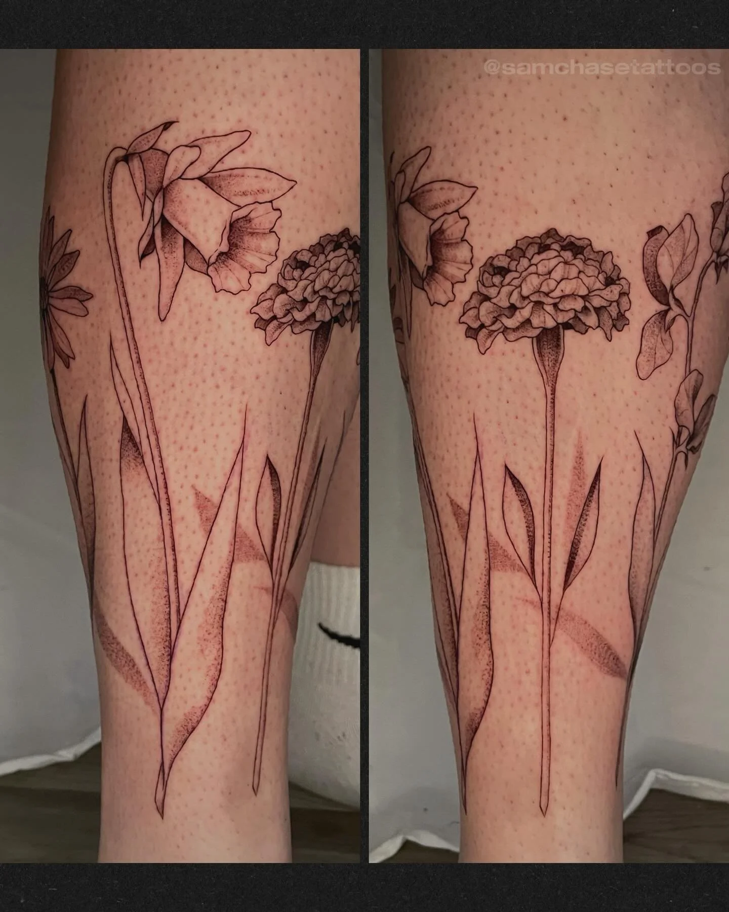 A whole assortment of birth flowers to wrap around this client&rsquo;s calf 💕💐 I love the variety and placement of these!
.
.
.
.
#finelinetattoo #flowertattoo #femaletattooartist #naperville #floraltattoo