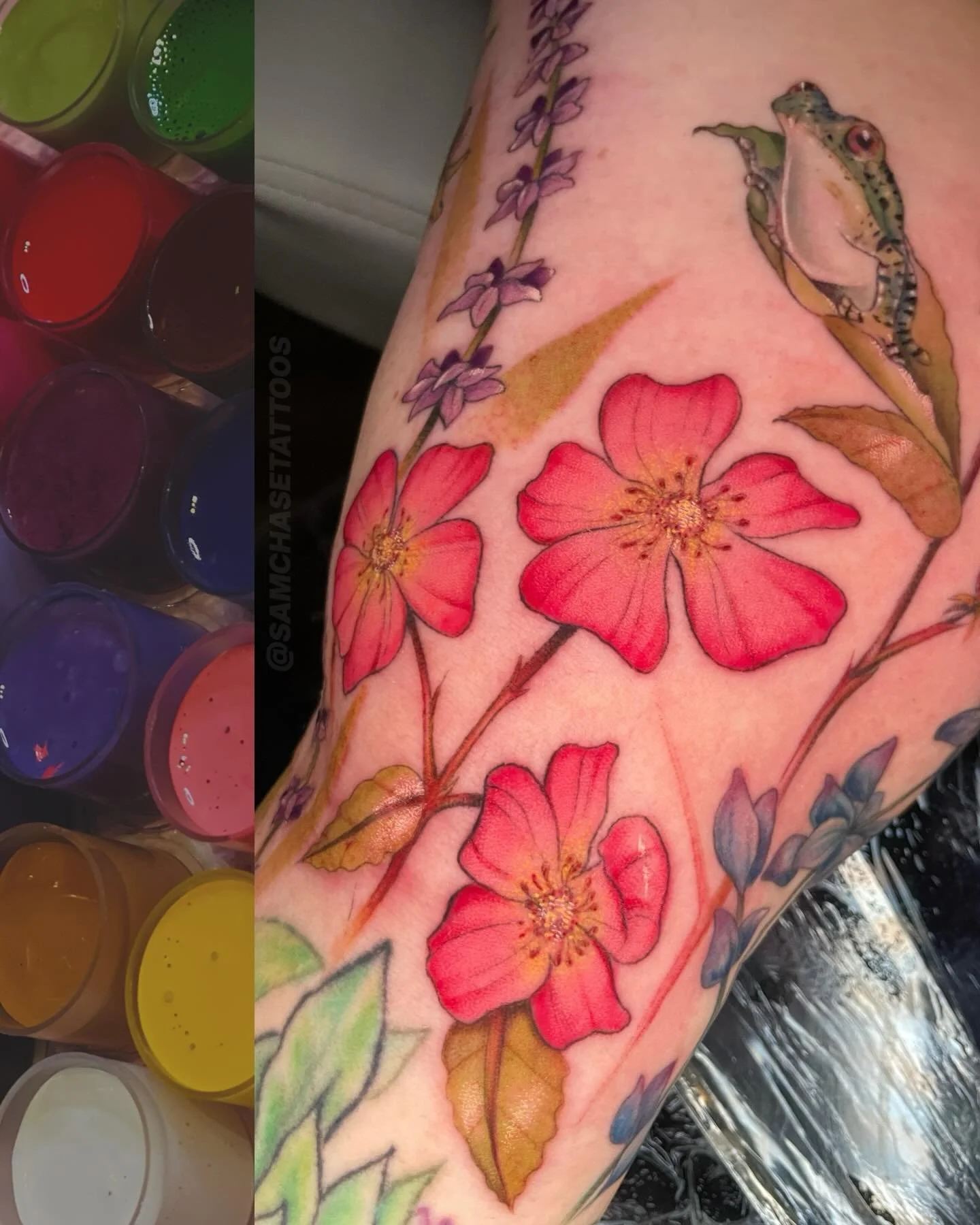 Some color for your eyeballs! 🌸🐸 here&rsquo;s a snippet of a large, freehand color project we&rsquo;ve been working on. The lower portion of the sleeve was not done by me (except little lady bug addition). I&rsquo;m really pleased with what we&rsqu