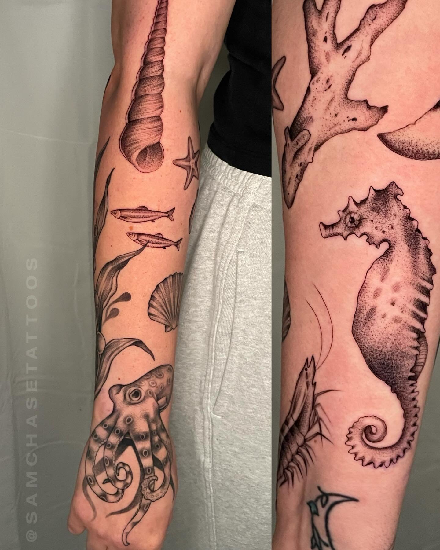 Recently continued this ocean theme patchwork sleeve! 🌊🐚 Octopus, kelp, and small shell healed, the rest is fresh! I&rsquo;m so pleased with our progress and look so far, I can&rsquo;t wait to continue adding creatures 🐟
.
.
.
.
#patchworktattoo #