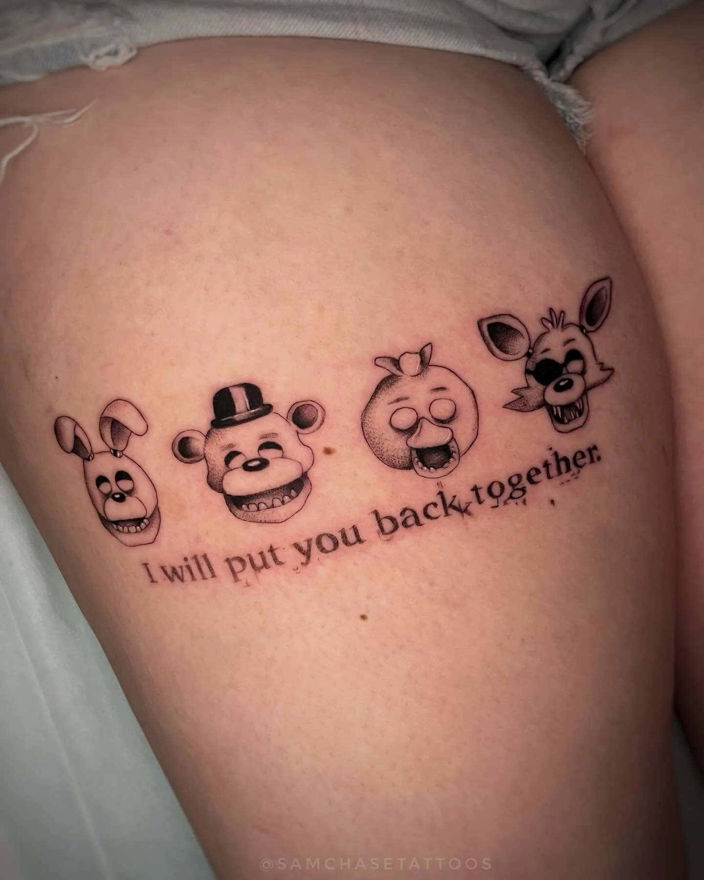 What&rsquo;s better than one FNAF tattoo? TWO!!! 
🐰🐻🐤🦊
Two separate pieces on two homies that love a freaky lil bear and co.
These were a blast, thanks for lookin :3
Custom ofc
.
.
.
.
#fnaf #fnaffanart #fnafart #videogametattoo #finelinetattoos