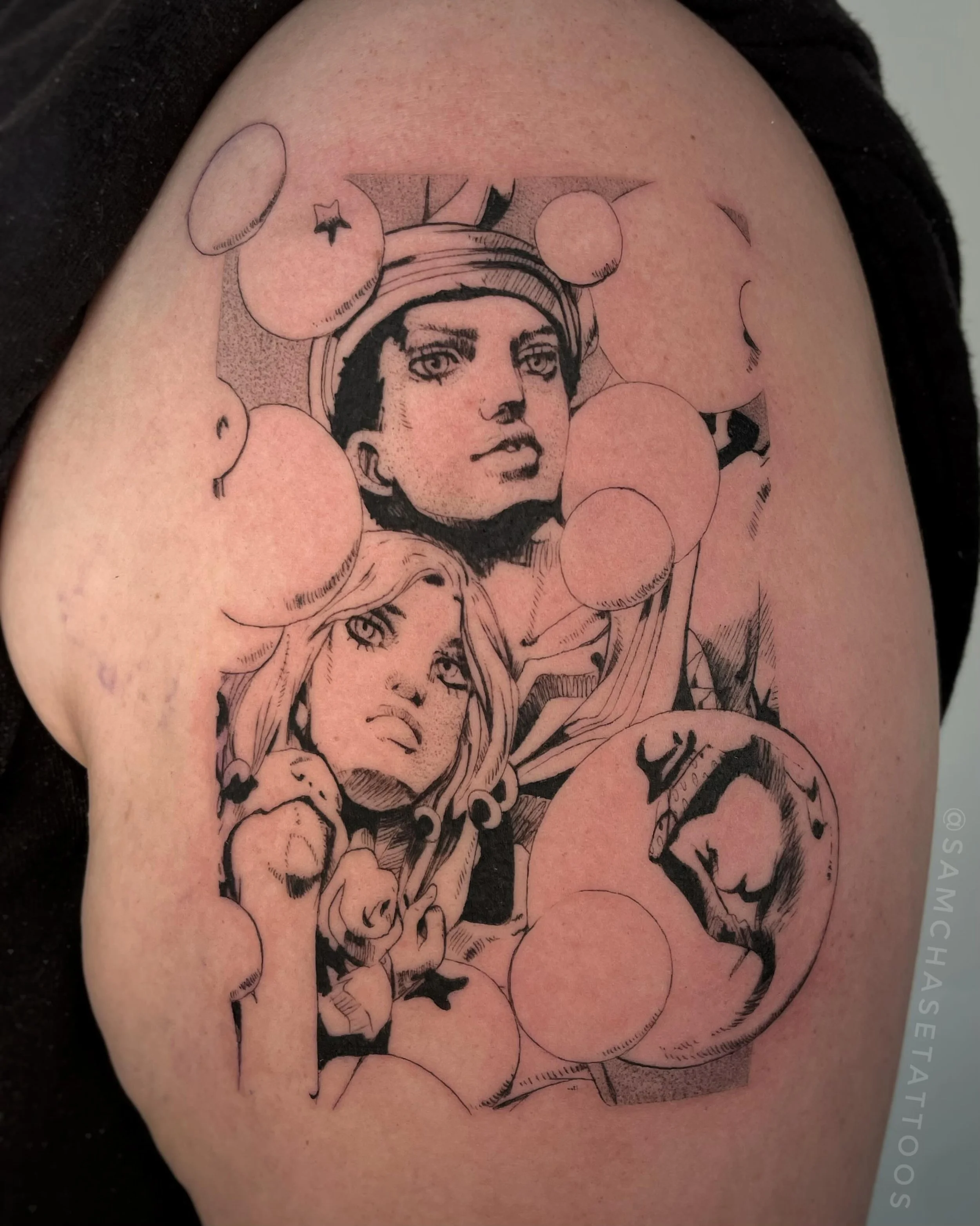 Had the pleasure of recreating this Jojo&rsquo;s Bizzare Adventure manga cover art for this wonderful returning client 🖤🫧 The cover image wasn&rsquo;t tattooable (for me) in it&rsquo;s original form, so I reformatted and stylized it almost like a m