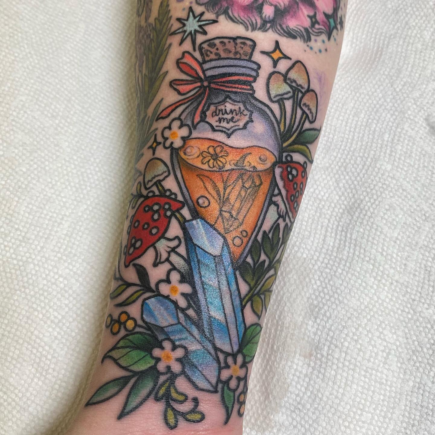 Squeezed this little potion bottle in between some healed tattoos I did on Jessi&rsquo;s wrist! Thank you and happy birthday @jessisimps 
@whitedogtattooky