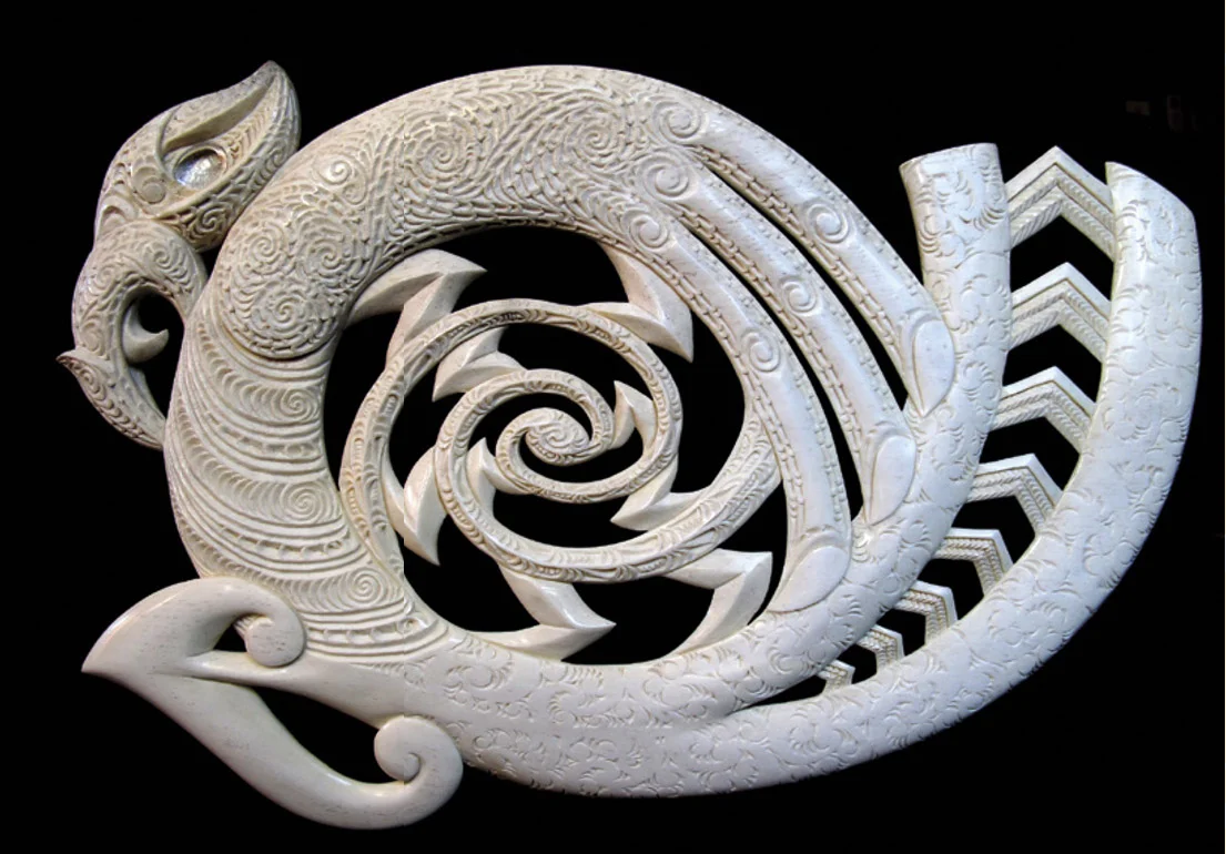 A carving depicting aspects of the South Island Māori creation myth