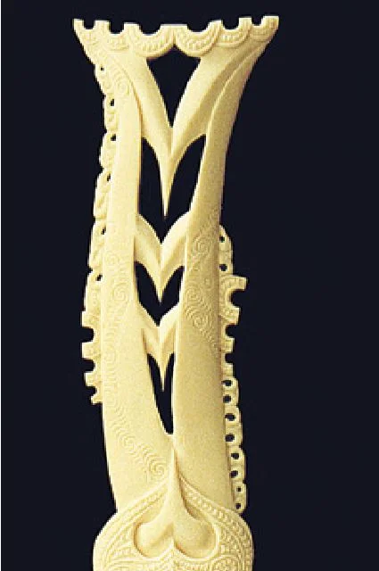 The legend of Rata is portrayed here with manaia faces on the sides of the tree representing the birds and insects at their task