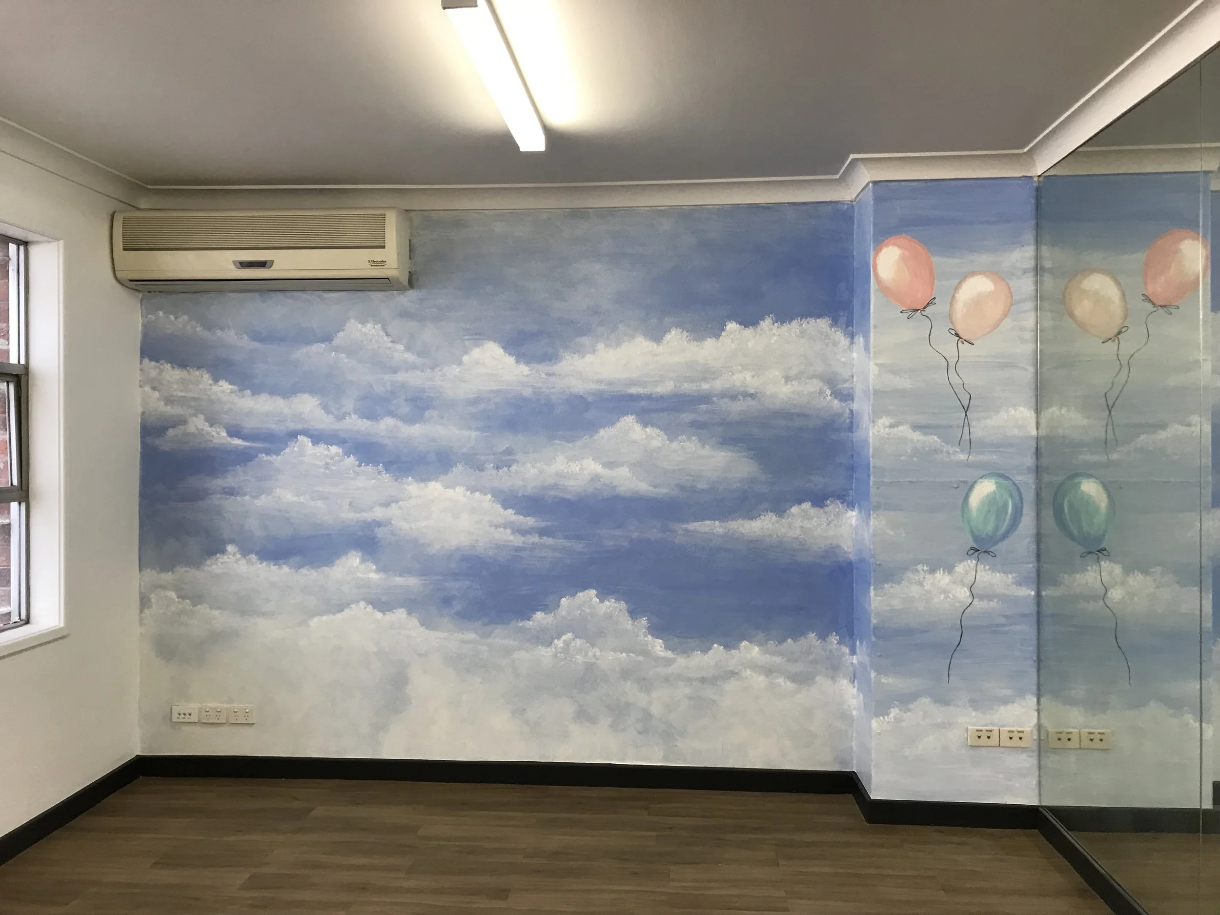 ‘Dreamy Clouds’ to get the imagination firing and keep the mood calm. (Gym creche)